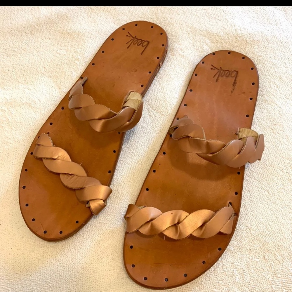 NEW! BEEK All Leather Tanned Sole Sandals Size 10 Molded Arch Support